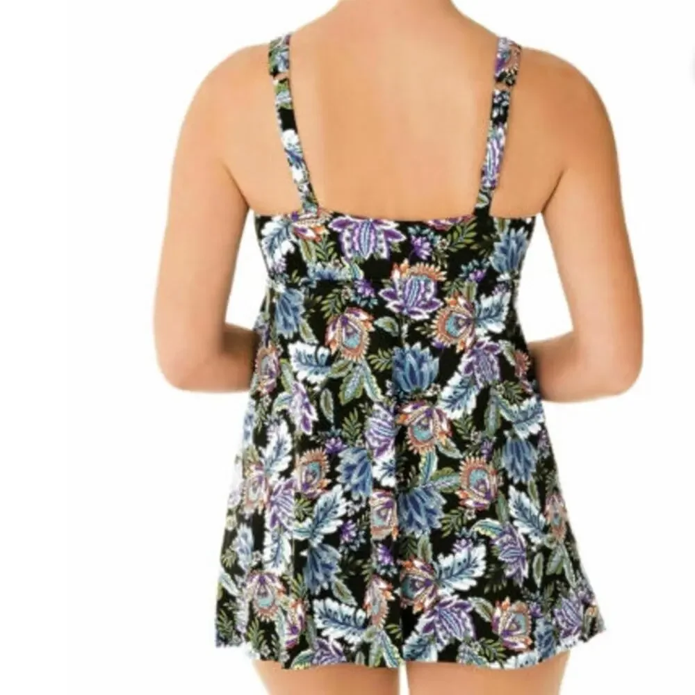 Swim Solutions Women's Floral Boho Play V-Neck Multi Ruffle Swim Dress sz 8